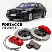 Black BMW 7-Series Sedan E65 LCI (2005-2008) shown above a ForzaCCB iron rotor big brake kit with 2x red 6-piston front calipers, 2x two-piece floating ventilated brake discs 380 mm, set of brake pads, and brake lines.