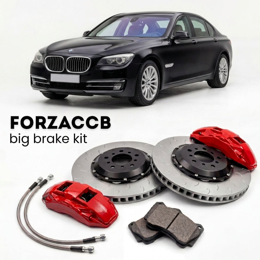 Black BMW 7-Series Sedan F01 (2008-2015) shown above a ForzaCCB iron rotor big brake kit with 2x red 6-piston front calipers, 2x two-piece floating ventilated brake discs 380 mm, set of brake pads, and brake lines.