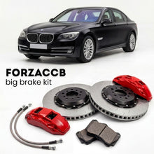 Black BMW 7-Series Sedan F01 (2008-2015) shown above a ForzaCCB iron rotor big brake kit with 2x red 6-piston front calipers, 2x two-piece floating ventilated brake discs 380 mm, set of brake pads, and brake lines.