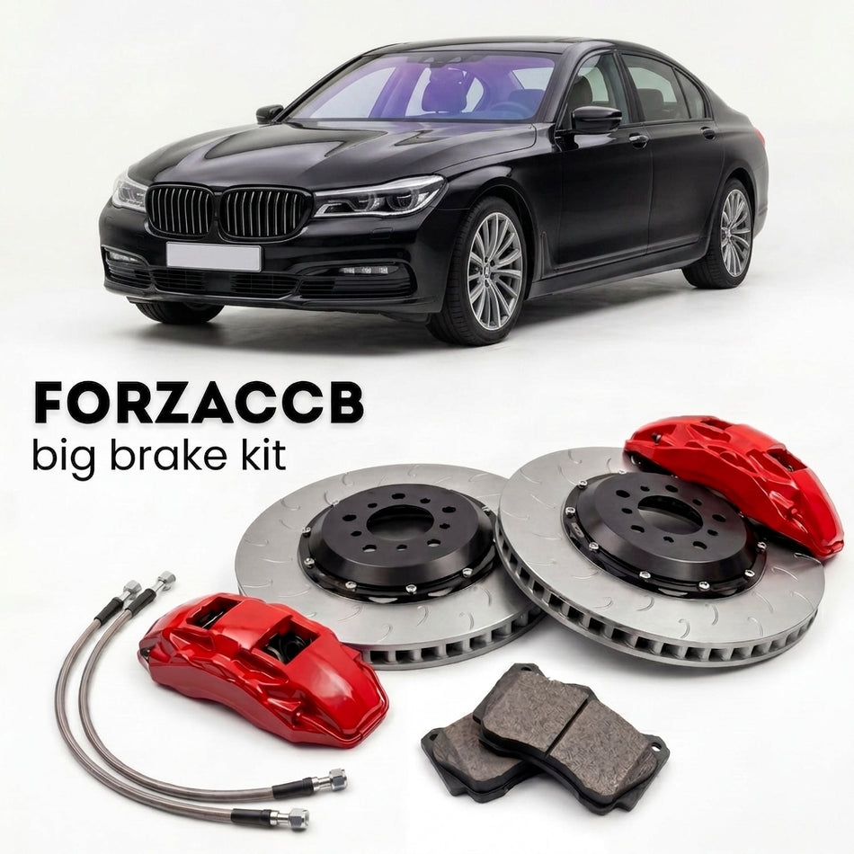 Black BMW 7-Series Sedan G11 (2015-2022) shown above a ForzaCCB iron rotor big brake kit with 2x red 6-piston front calipers, 2x two-piece floating ventilated brake discs 380 mm, set of brake pads, and brake lines.
