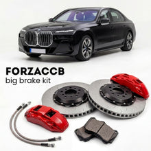 Black BMW 7-Series Sedan G70 (2022+) shown above a ForzaCCB iron rotor big brake kit with 2x red 6-piston front calipers, 2x two-piece floating ventilated brake discs 380 mm, set of brake pads, and brake lines.