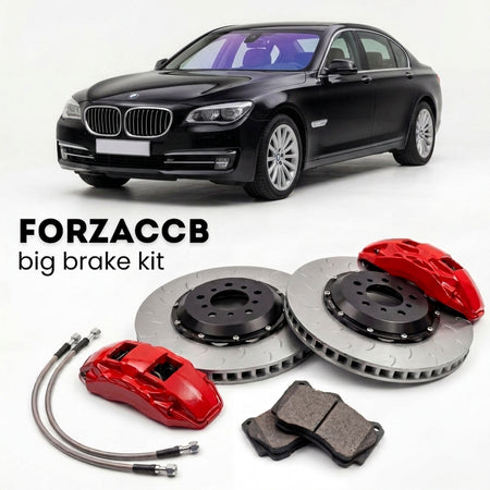 Black BMW 7-Series Sedan LWB F02 (2008-2015) shown above a ForzaCCB iron rotor big brake kit with 2x red 6-piston front calipers, 2x two-piece floating ventilated brake discs 380 mm, set of brake pads, and brake lines.