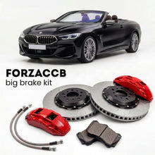 Black BMW 8-Series Convertible G14 (2018+) shown above a ForzaCCB iron rotor big brake kit with 2x red 6-piston front calipers, 2x two-piece floating ventilated brake discs 380 mm, set of brake pads, and brake lines.