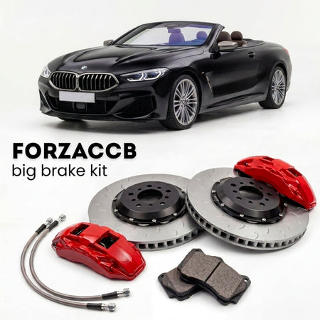 Black BMW 8-Series Convertible G14 (2018+) shown above a ForzaCCB iron rotor big brake kit with 2x red 6-piston front calipers, 2x two-piece floating ventilated brake discs 380 mm, set of brake pads, and brake lines.