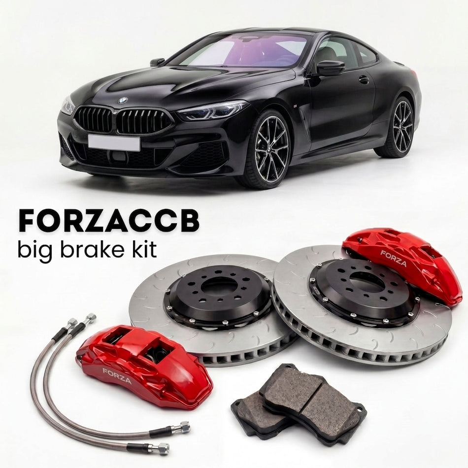Black BMW 8-Series Coupe G15 (2018+) shown above a ForzaCCB iron rotor big brake kit with 2x red 6-piston front calipers, 2x two-piece floating ventilated brake discs 380 mm, set of brake pads, and brake lines.