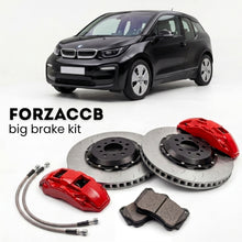 Black BMW i3 I01 (2013-2022) shown above a ForzaCCB iron rotor big brake kit with 2x red 6-piston front calipers, 2x two-piece floating ventilated brake discs 380 mm, set of brake pads, and brake lines.