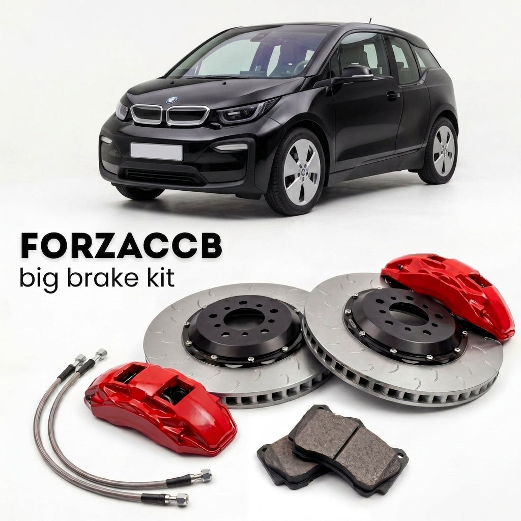 Black BMW i3 I01 (2013-2022) shown above a ForzaCCB iron rotor big brake kit with 2x red 6-piston front calipers, 2x two-piece floating ventilated brake discs 380 mm, set of brake pads, and brake lines.