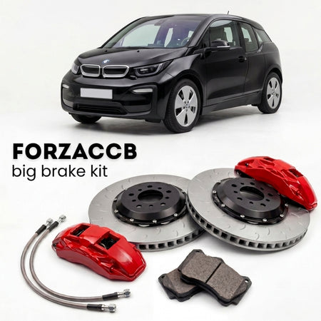 Black BMW i3 I01 (2013-2022) shown above a ForzaCCB iron rotor big brake kit with 2x red 6-piston front calipers, 2x two-piece floating ventilated brake discs 380 mm, set of brake pads, and brake lines.