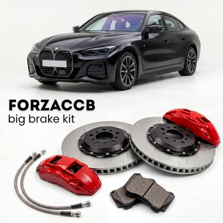 Black BMW i4 Gran Coupe G26 (2021+) shown above a ForzaCCB iron rotor big brake kit with 2x red 6-piston front calipers, 2x two-piece floating ventilated brake discs 380 mm, set of brake pads, and brake lines.