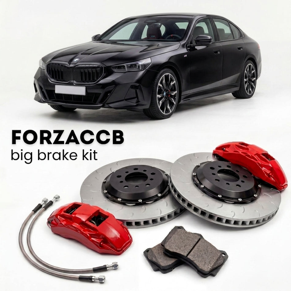 Black BMW i5 Sedan G60 (2023+) shown above a ForzaCCB iron rotor big brake kit with 2x red 6-piston front calipers, 2x two-piece floating ventilated brake discs 380 mm, set of brake pads, and brake lines.