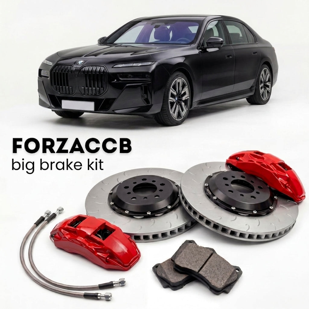 Black BMW i7 Sedan G70 (2022+) shown above a ForzaCCB iron rotor big brake kit with 2x red 6-piston front calipers, 2x two-piece floating ventilated brake discs 380 mm, set of brake pads, and brake lines.