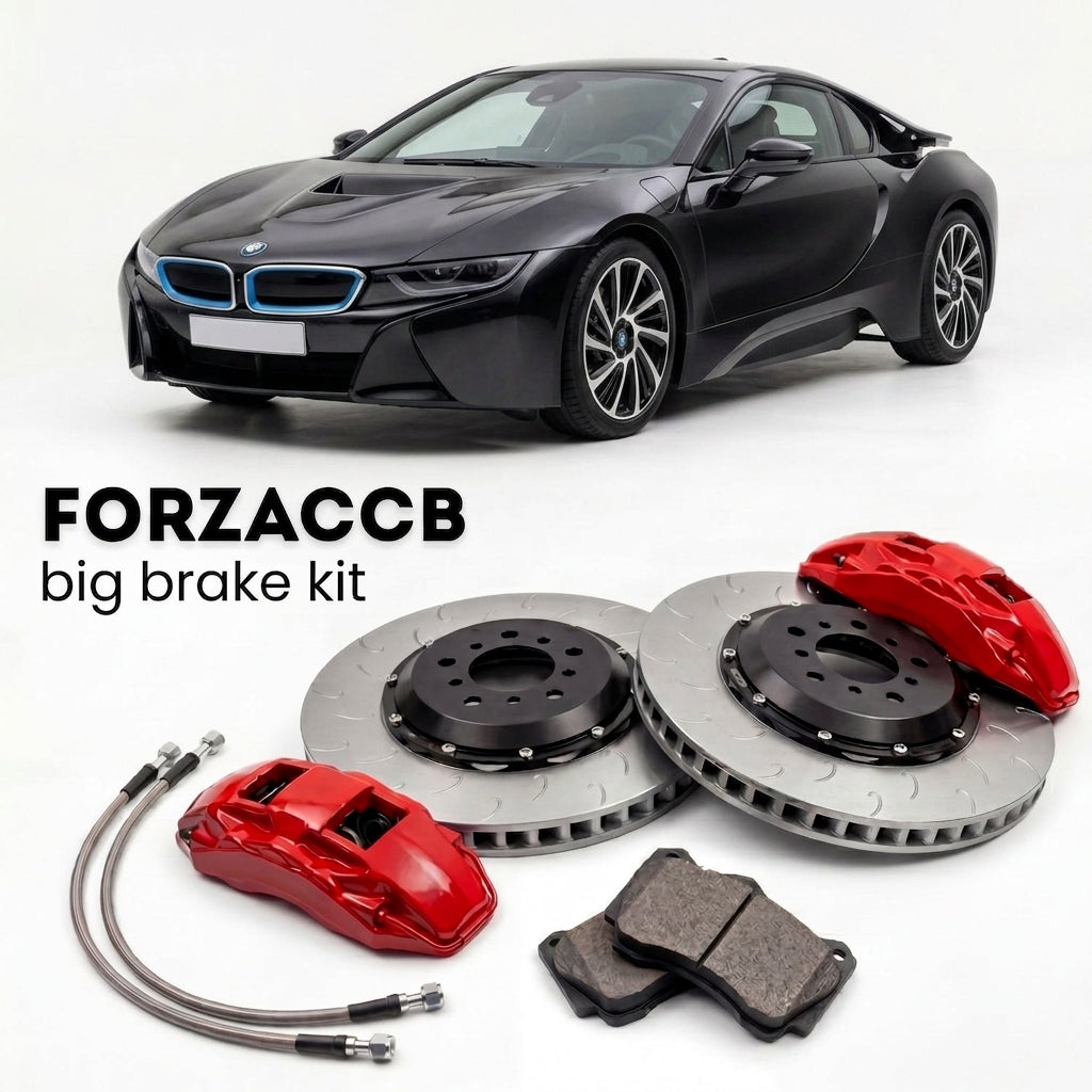 Black BMW i8 Coupe I12 (2014-2020) shown above a ForzaCCB iron rotor big brake kit with 2x red 6-piston front calipers, 2x two-piece floating ventilated brake discs 380 mm, set of brake pads, and brake lines.
