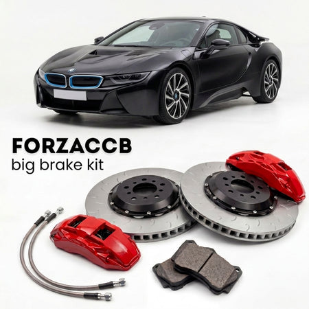 Black BMW i8 Coupe I12 (2014-2020) shown above a ForzaCCB iron rotor big brake kit with 2x red 6-piston front calipers, 2x two-piece floating ventilated brake discs 380 mm, set of brake pads, and brake lines.