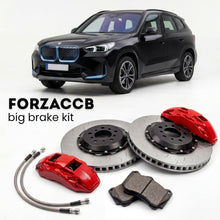 Black BMW iX1 U11 (2022+) shown above a ForzaCCB iron rotor big brake kit with 2x red 6-piston front calipers, 2x two-piece floating ventilated brake discs 380 mm, set of brake pads, and brake lines.