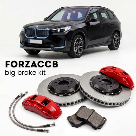 Black BMW iX1 U11 (2022+) shown above a ForzaCCB iron rotor big brake kit with 2x red 6-piston front calipers, 2x two-piece floating ventilated brake discs 380 mm, set of brake pads, and brake lines.