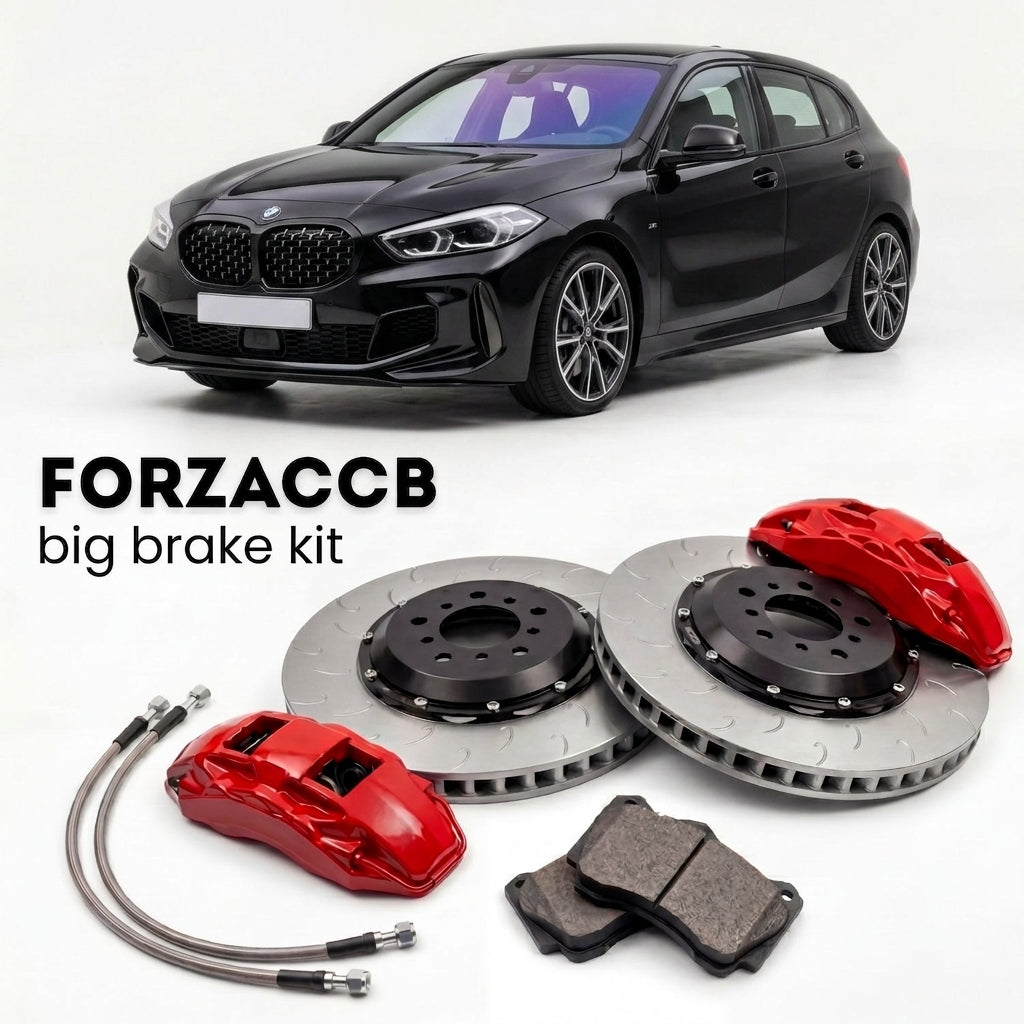 Black BMW M135i F40 (2019-2024) shown above a ForzaCCB iron rotor big brake kit with 2x red 6-piston front calipers, 2x two-piece floating ventilated brake discs 380 mm, set of brake pads, and brake lines.