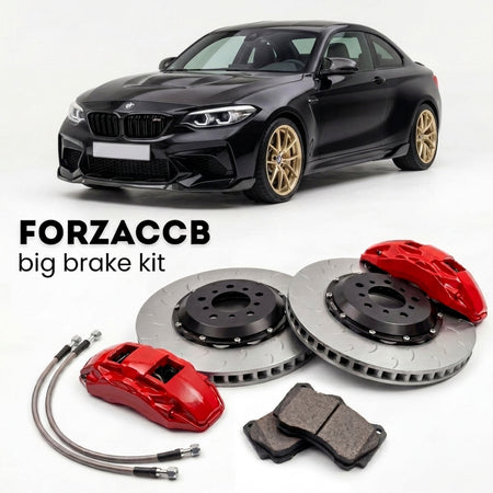 Black BMW M2 CS F87 (2019-2020) shown above a ForzaCCB iron rotor big brake kit with 2x red 6-piston front calipers, 2x two-piece floating ventilated brake discs 380 mm, set of brake pads, and brake lines.