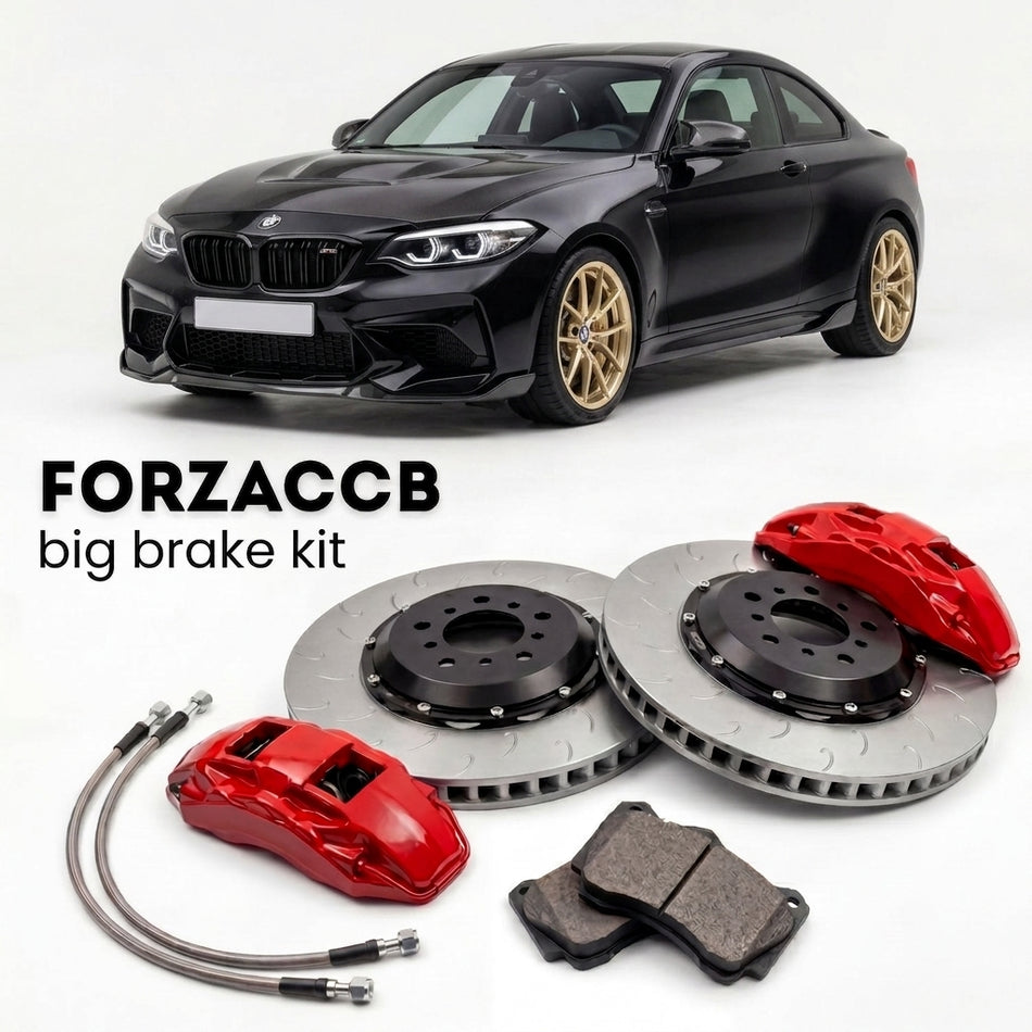 Black BMW M2 CS F87 (2019-2020) shown above a ForzaCCB iron rotor big brake kit with 2x red 6-piston front calipers, 2x two-piece floating ventilated brake discs 380 mm, set of brake pads, and brake lines.