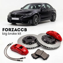 Black BMW M3 Competition F80 (2016-2018) shown above a ForzaCCB iron rotor big brake kit with 2x red 6-piston front calipers, 2x two-piece floating ventilated brake discs 380 mm, set of brake pads, and brake lines.