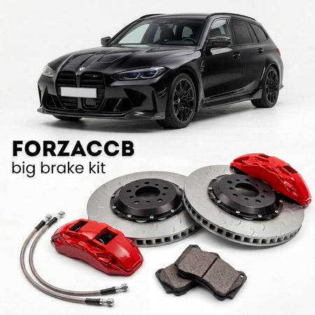 Black BMW M3 Competition Touring G81 (2022-2026+) shown above a ForzaCCB iron rotor big brake kit with 2x red 6-piston front calipers, 2x two-piece floating ventilated brake discs 380 mm, set of brake pads, and brake lines.