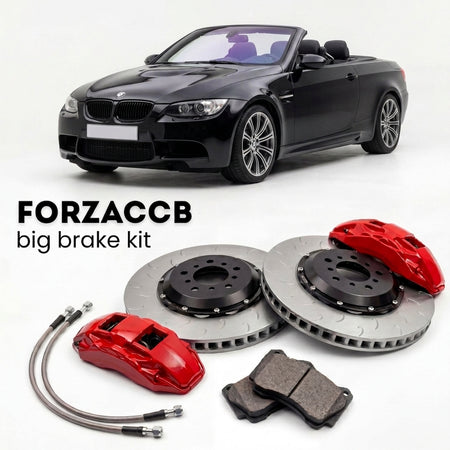 Black BMW M3 Convertible E93 (2008-2013) shown above a ForzaCCB iron rotor big brake kit with 2x red 6-piston front calipers, 2x two-piece floating ventilated brake discs 380 mm, set of brake pads, and brake lines.