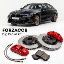 Black BMW M3 CS G80 (2023-2024) shown above a ForzaCCB iron rotor big brake kit with 2x red 6-piston front calipers, 2x two-piece floating ventilated brake discs 380 mm, set of brake pads, and brake lines.