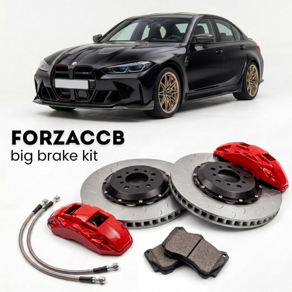Black BMW M3 CS G80 (2023-2024) shown above a ForzaCCB iron rotor big brake kit with 2x red 6-piston front calipers, 2x two-piece floating ventilated brake discs 380 mm, set of brake pads, and brake lines.