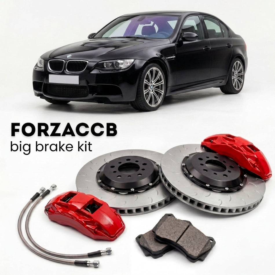 Black BMW M3 Sedan E90 (2007-2013) shown above a ForzaCCB iron rotor big brake kit with 2x red 6-piston front calipers, 2x two-piece floating ventilated brake discs 380 mm, set of brake pads, and brake lines.