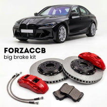 Black BMW M3 Sedan G80 (2021-2026+) shown above a ForzaCCB iron rotor big brake kit with 2x red 6-piston front calipers, 2x two-piece floating ventilated brake discs 380 mm, set of brake pads, and brake lines.