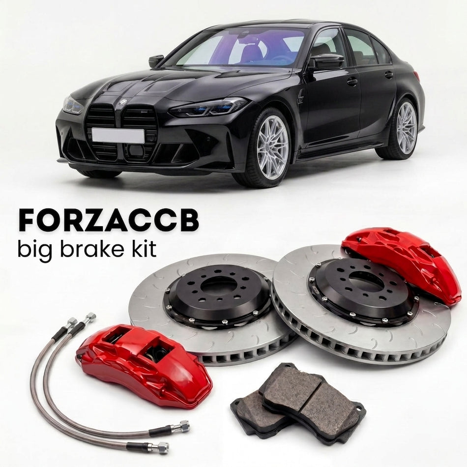 Black BMW M3 Sedan G80 (2021-2026+) shown above a ForzaCCB iron rotor big brake kit with 2x red 6-piston front calipers, 2x two-piece floating ventilated brake discs 380 mm, set of brake pads, and brake lines.
