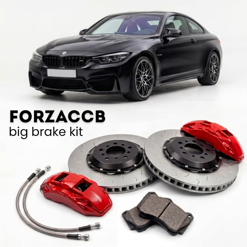 Black BMW M4 Competition F82/F83 (2017-2020) shown above a ForzaCCB iron rotor big brake kit with 2x red 6-piston front calipers, 2x two-piece floating ventilated brake discs 380 mm, set of brake pads, and brake lines.