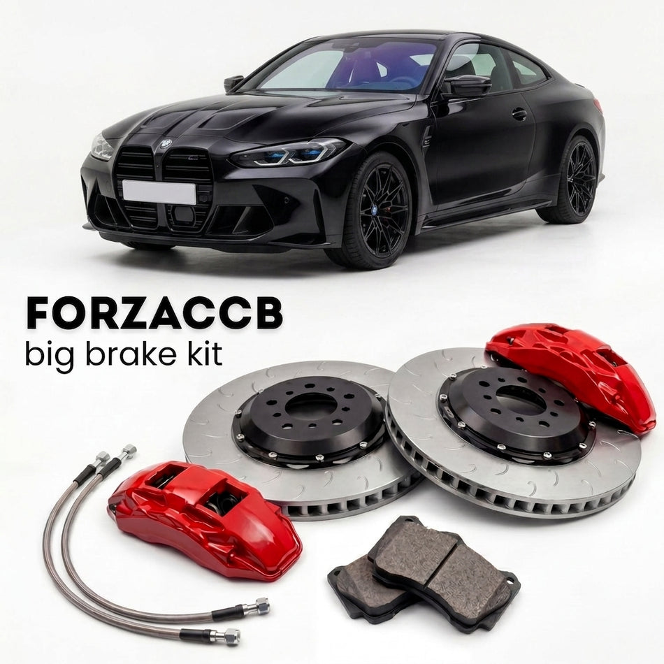Black BMW M4 Competition G82/G83 (2021-2026+) shown above a ForzaCCB iron rotor big brake kit with 2x red 6-piston front calipers, 2x two-piece floating ventilated brake discs 380 mm, set of brake pads, and brake lines.