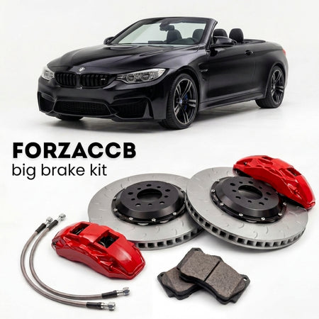 Black BMW M4 Convertible F83 (2014-2020) shown above a ForzaCCB iron rotor big brake kit with 2x red 6-piston front calipers, 2x two-piece floating ventilated brake discs 380 mm, set of brake pads, and brake lines.