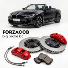 Black BMW M4 Convertible G83 (2021-2026+) shown above a ForzaCCB iron rotor big brake kit with 2x red 6-piston front calipers, 2x two-piece floating ventilated brake discs 380 mm, set of brake pads, and brake lines.