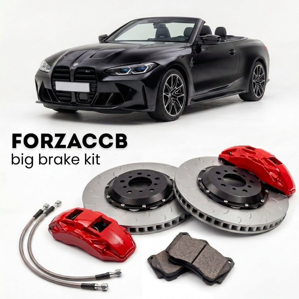 Black BMW M4 Convertible G83 (2021-2026+) shown above a ForzaCCB iron rotor big brake kit with 2x red 6-piston front calipers, 2x two-piece floating ventilated brake discs 380 mm, set of brake pads, and brake lines.