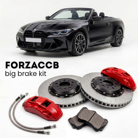 Black BMW M4 Convertible G83 (2021-2026+) shown above a ForzaCCB iron rotor big brake kit with 2x red 6-piston front calipers, 2x two-piece floating ventilated brake discs 380 mm, set of brake pads, and brake lines.