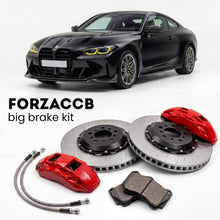 Black BMW M4 CSL G82 (2022) shown above a ForzaCCB iron rotor big brake kit with 2x red 6-piston front calipers, 2x two-piece floating ventilated brake discs 380 mm, set of brake pads, and brake lines.