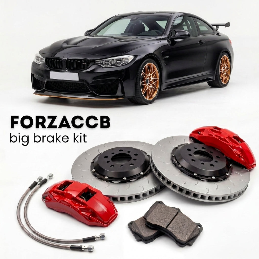 Black BMW M4 GTS F82 (2016-2017) shown above a ForzaCCB iron rotor big brake kit with 2x red 6-piston front calipers, 2x two-piece floating ventilated brake discs 380 mm, set of brake pads, and brake lines.