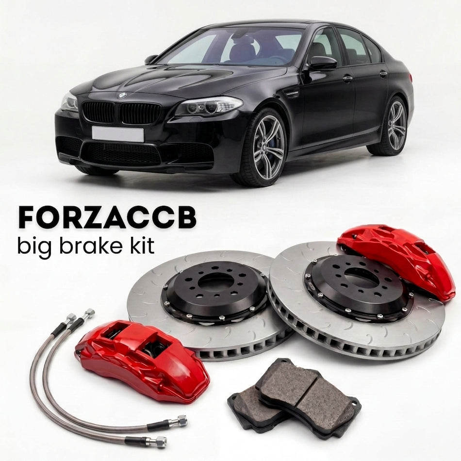Black BMW M5 Sedan F10 (2011-2016) shown above a ForzaCCB iron rotor big brake kit with 2x red 6-piston front calipers, 2x two-piece floating ventilated brake discs 380 mm, set of brake pads, and brake lines.
