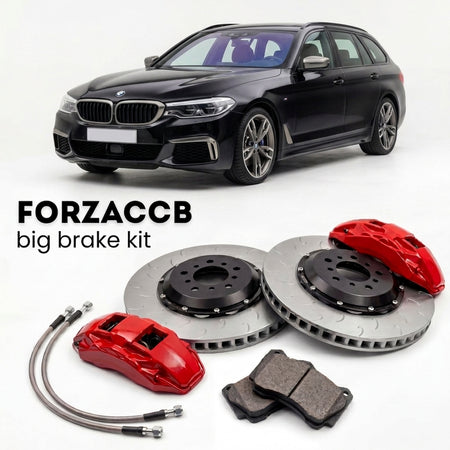 Black BMW M550i xDrive G31 (2017-2023) shown above a ForzaCCB iron rotor big brake kit with 2x red 6-piston front calipers, 2x two-piece floating ventilated brake discs 380 mm, set of brake pads, and brake lines.