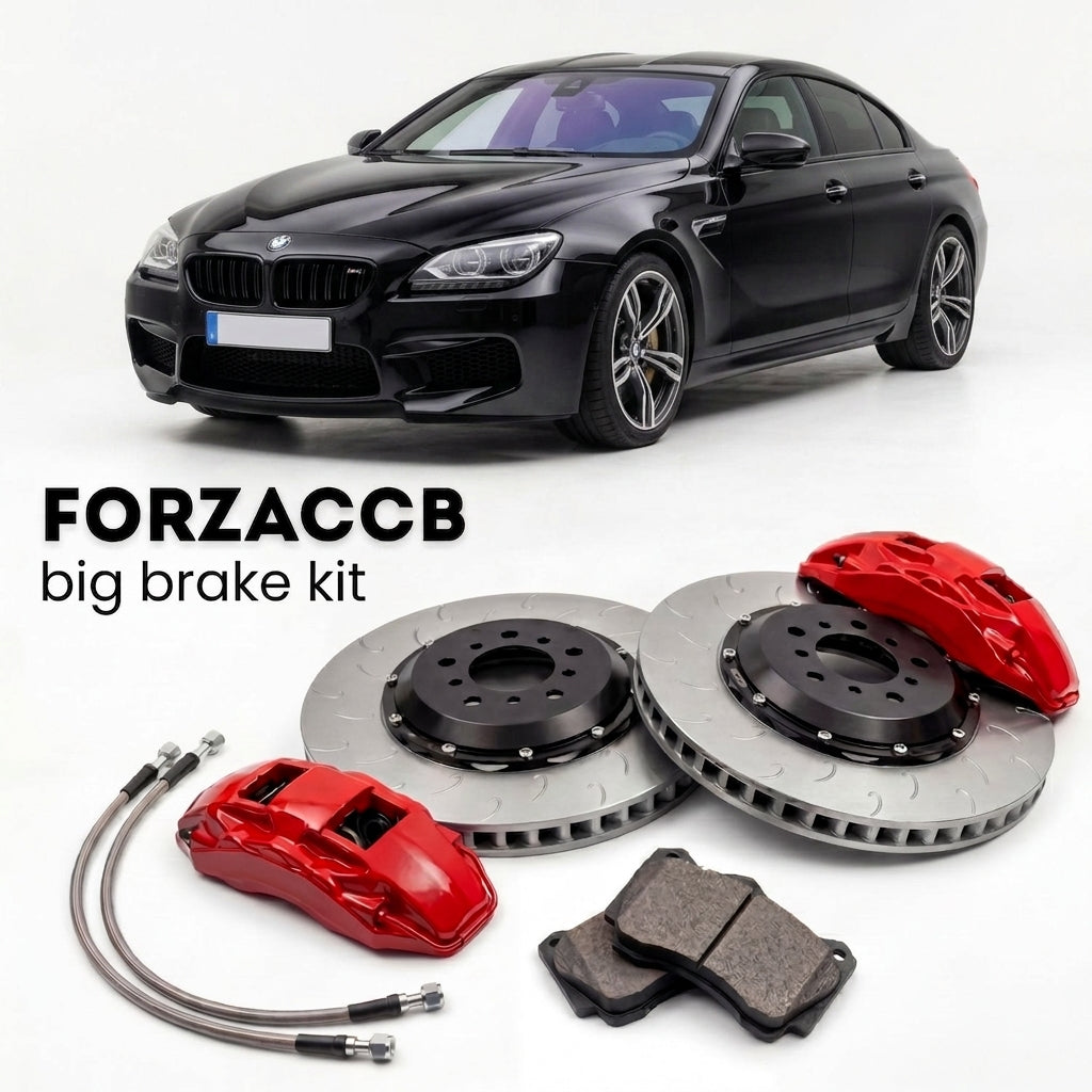 Black BMW M6 Competition Edition F13 (2016) shown above a ForzaCCB iron rotor big brake kit with 2x red 6-piston front calipers, 2x two-piece floating ventilated brake discs 380 mm, set of brake pads, and brake lines.