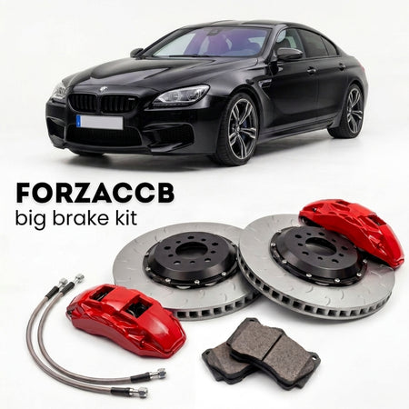 Black BMW M6 Competition F06 (2015-2018) shown above a ForzaCCB iron rotor big brake kit with 2x red 6-piston front calipers, 2x two-piece floating ventilated brake discs 380 mm, set of brake pads, and brake lines.