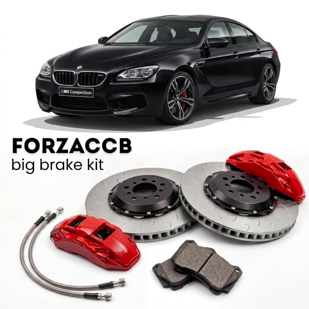 Black BMW M6 Competition F13 (2015-2018) shown above a ForzaCCB iron rotor big brake kit with 2x red 6-piston front calipers, 2x two-piece floating ventilated brake discs 380 mm, set of brake pads, and brake lines.