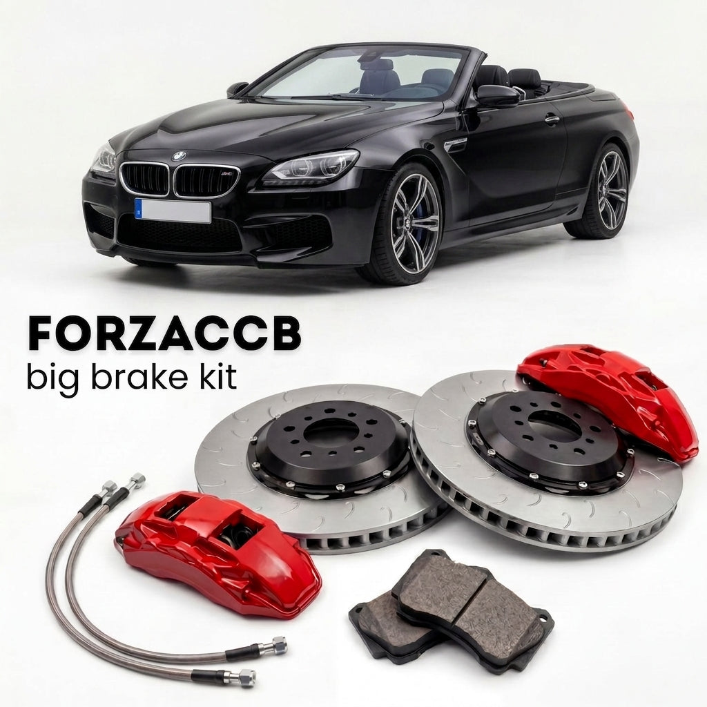 Black BMW M6 Convertible F12 (2012-2018) shown above a ForzaCCB iron rotor big brake kit with 2x red 6-piston front calipers, 2x two-piece floating ventilated brake discs 380 mm, set of brake pads, and brake lines.
