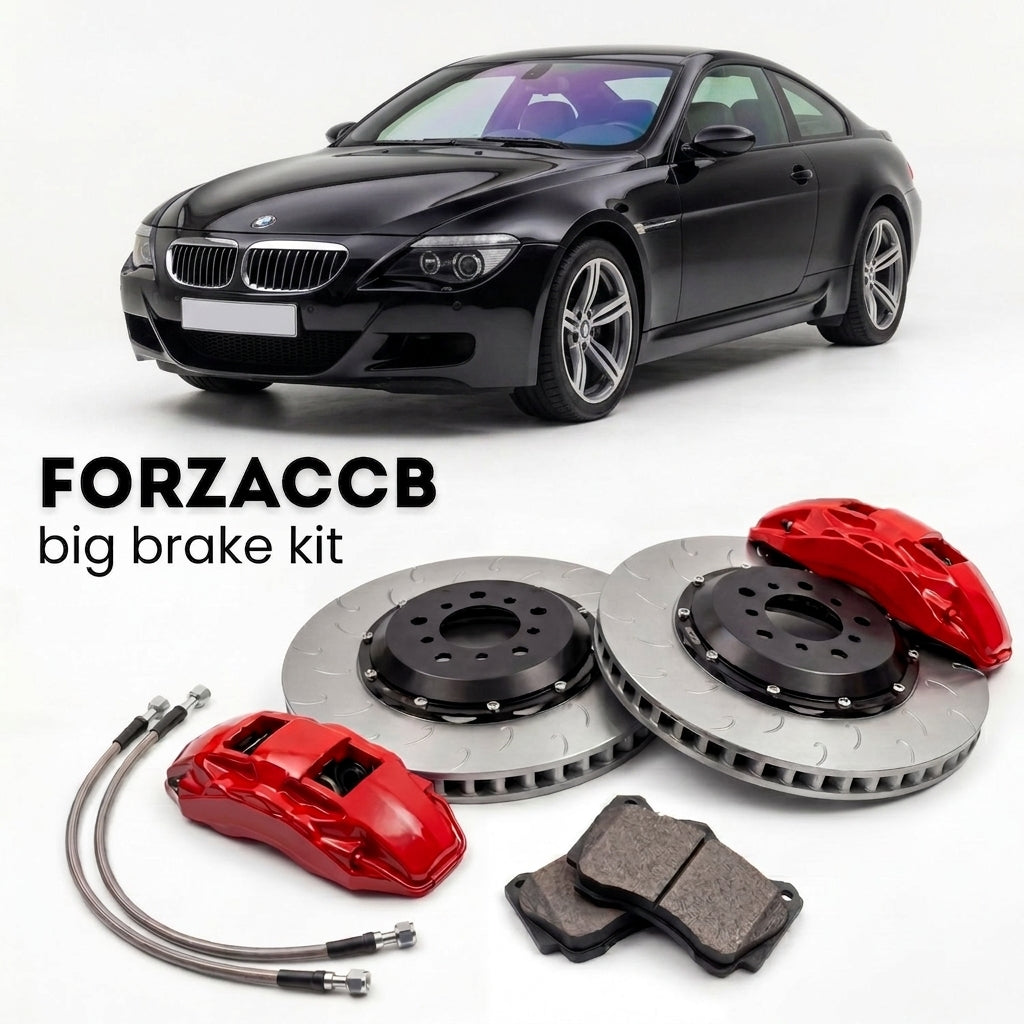 Black BMW M6 Coupe E63 (2005-2010) shown above a ForzaCCB iron rotor big brake kit with 2x red 6-piston front calipers, 2x two-piece floating ventilated brake discs 380 mm, set of brake pads, and brake lines.