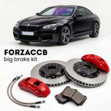 Black BMW M6 Coupe F13 (2012-2018) shown above a ForzaCCB iron rotor big brake kit with 2x red 6-piston front calipers, 2x two-piece floating ventilated brake discs 380 mm, set of brake pads, and brake lines.