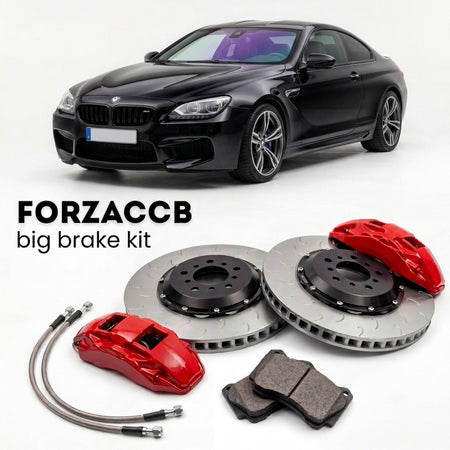Black BMW M6 Coupe F13 (2012-2018) shown above a ForzaCCB iron rotor big brake kit with 2x red 6-piston front calipers, 2x two-piece floating ventilated brake discs 380 mm, set of brake pads, and brake lines.