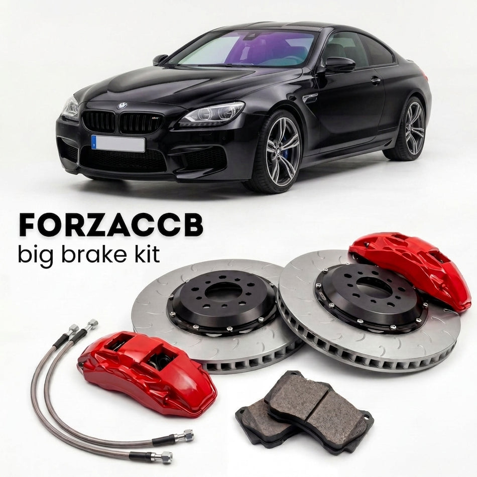 Black BMW M6 Coupe F13 (2012-2018) shown above a ForzaCCB iron rotor big brake kit with 2x red 6-piston front calipers, 2x two-piece floating ventilated brake discs 380 mm, set of brake pads, and brake lines.
