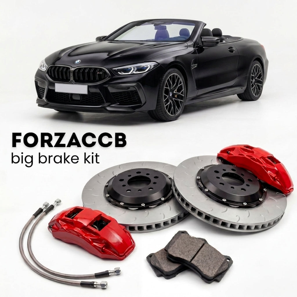 Black BMW M8 Convertible F91 (2019+) shown above a ForzaCCB iron rotor big brake kit with 2x red 6-piston front calipers, 2x two-piece floating ventilated brake discs 380 mm, set of brake pads, and brake lines.