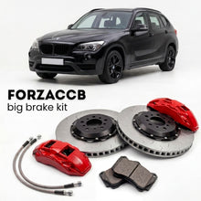 Black BMW X1 E84 (2009-2015) shown above a ForzaCCB iron rotor big brake kit with 2x red 6-piston front calipers, 2x two-piece floating ventilated brake discs 380 mm, set of brake pads, and brake lines.